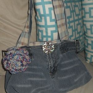 Denim Jeans Purse Shoulder Bag w/Crochet Flower & Rhinestone Pin